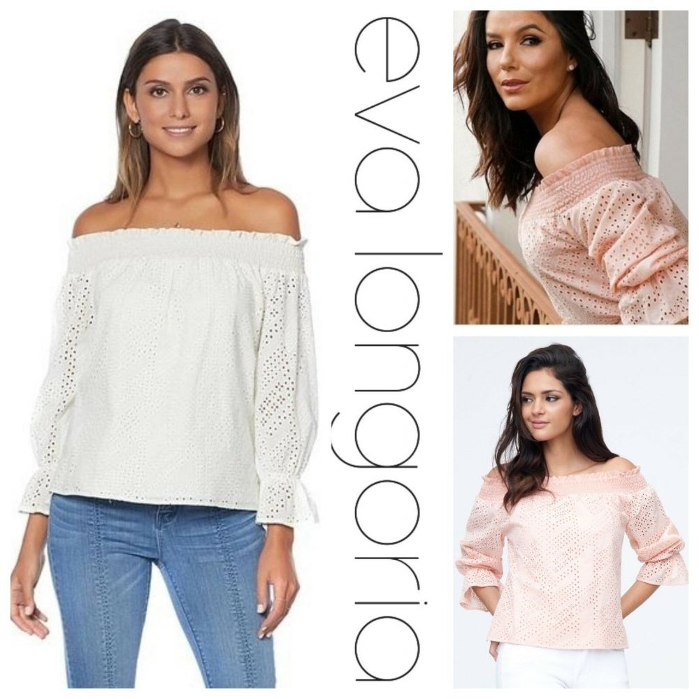 NEW Eva Longoria Off Shoulder Eyelet Lace Top L - Picture 6 of 6